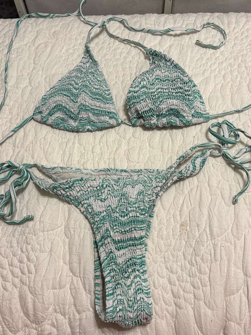 SHEIN Green & White Smocked Triangle Tie Bikini Set